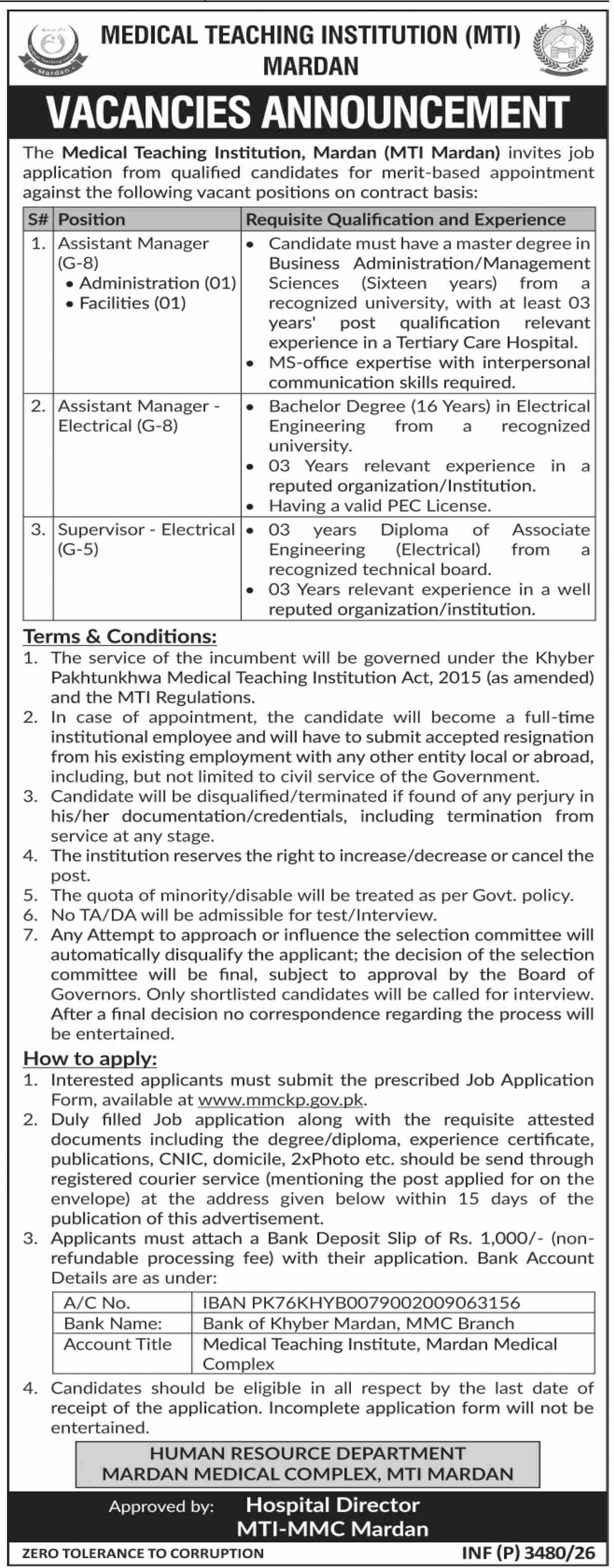 Medical Teaching Institution Mardan Jobs 2026 — original advertisement