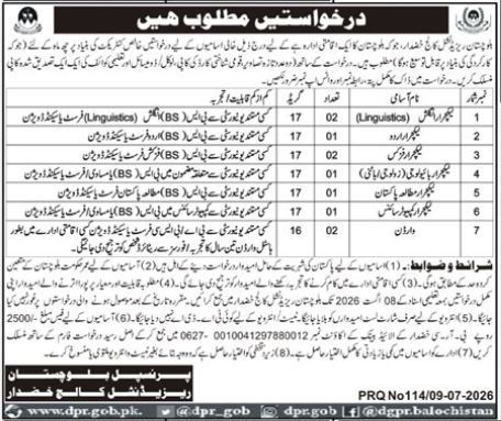 Balochistan Residential College Khuzdar Jobs 2026 — original advertisement