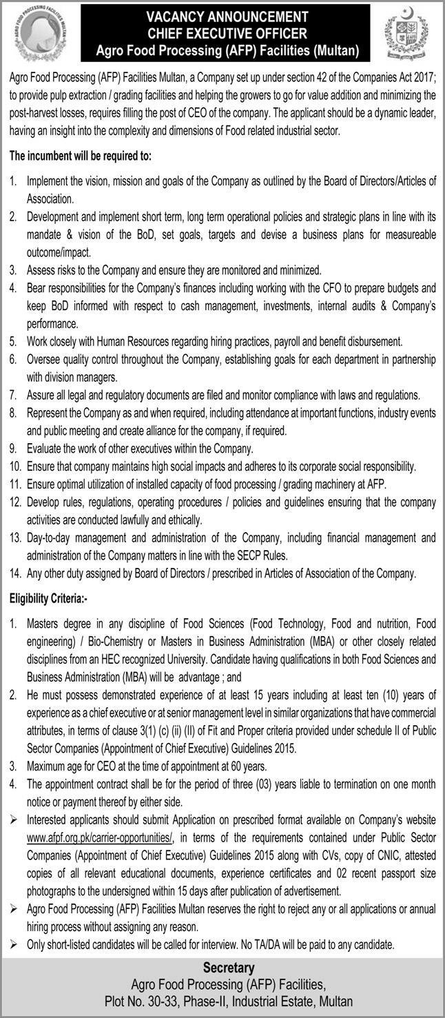 Agro Food Processing AFP Facilities Multan Jobs 2026 — original advertisement