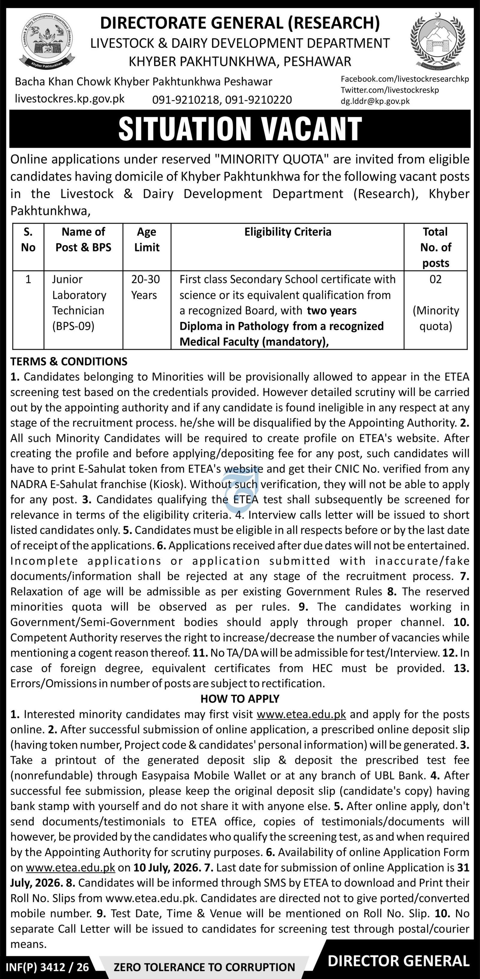 Livestock & Dairy Development Department Peshawar Job 2026 — original advertisement