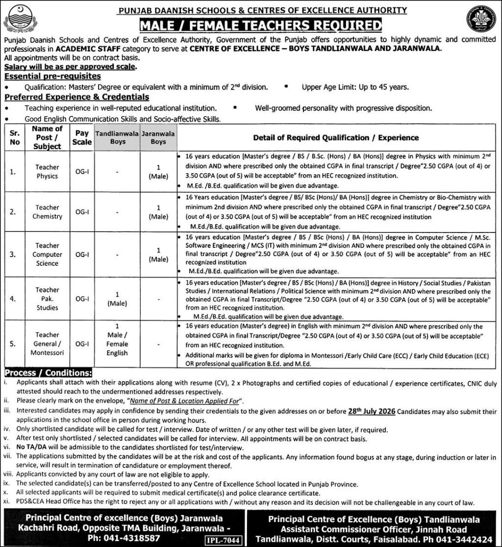 Daanish Schools Tandlianwala & Jaranwala Jobs 2026 — original advertisement