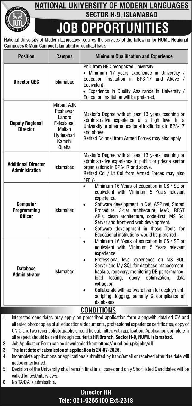 NUML University Sector H-9 Islamabad Jobs 2026 — original advertisement