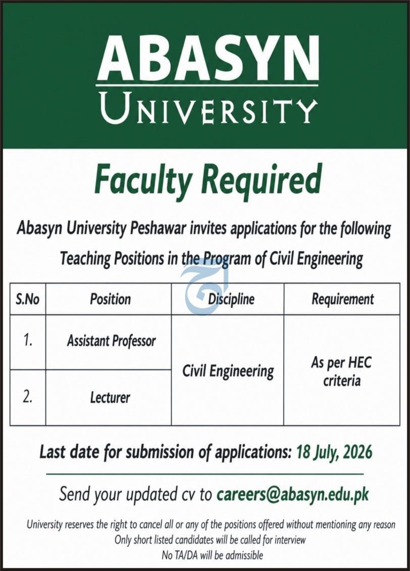 ABASYN University Peshawar Jobs 2026 — original advertisement