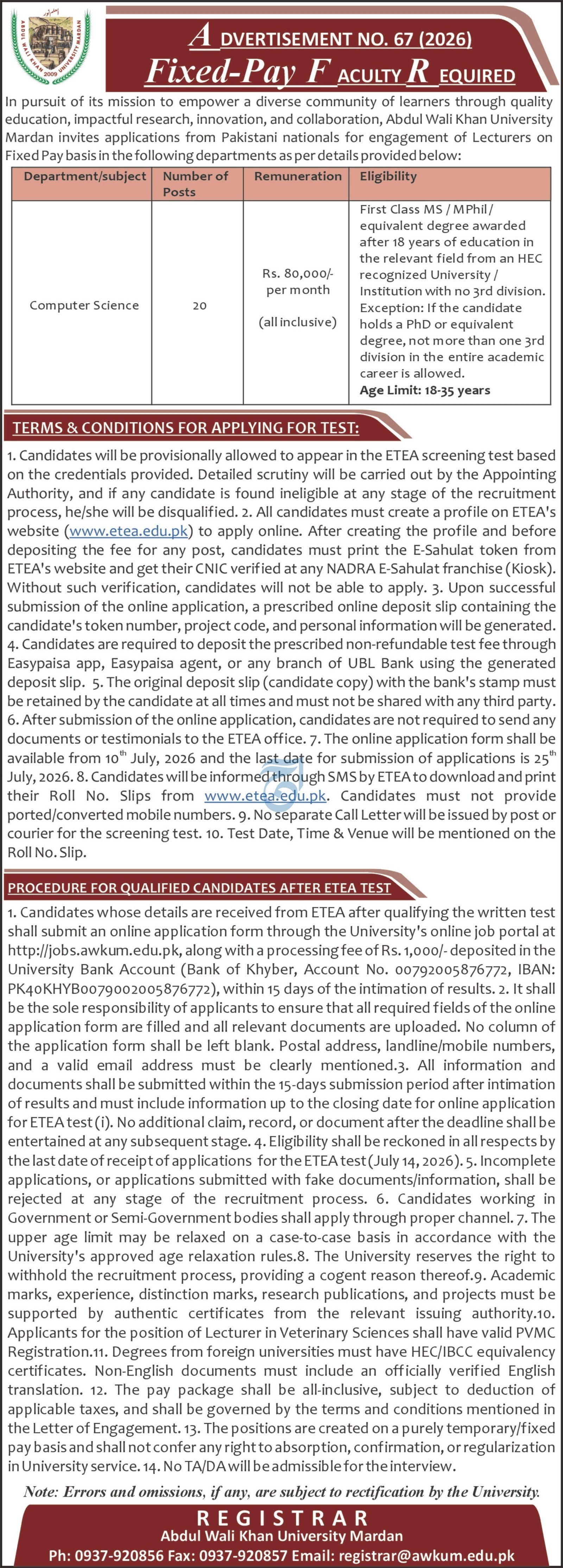 Abdul Wali Khan University Mardan Jobs 2026 — original advertisement