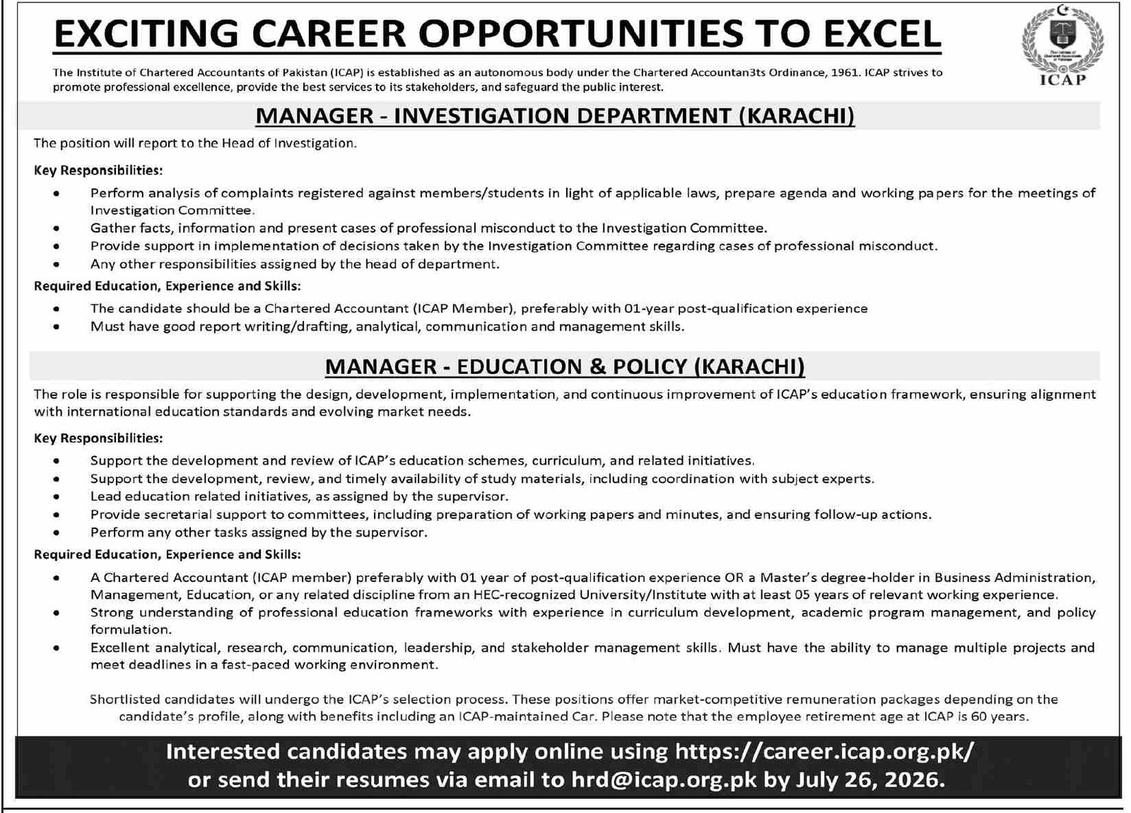 The Institute of Chartered Accountants of Pakistan Jobs 2026 — original advertisement