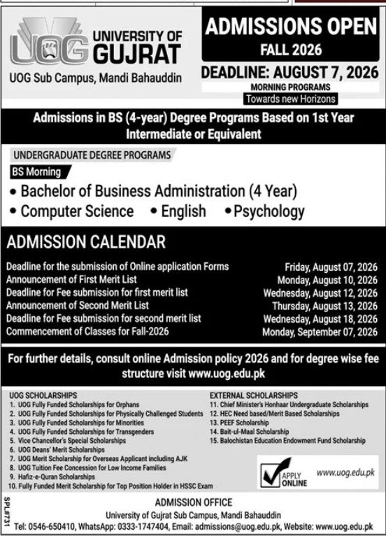 Admission Open in University of Gujrat Punjab 2026 — original advertisement
