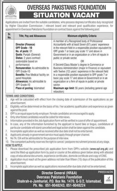 Overseas Pakistanis Foundation Islamabad Jobs 2026 — original advertisement