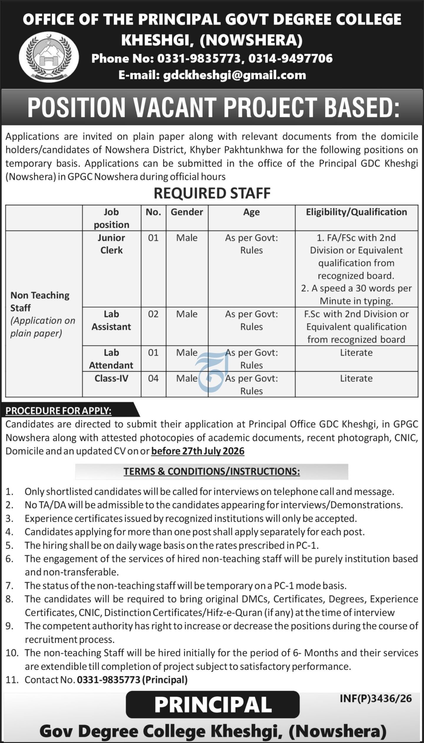 Govt Degree College Kheshgi, Nowshera Jobs 2026 — original advertisement