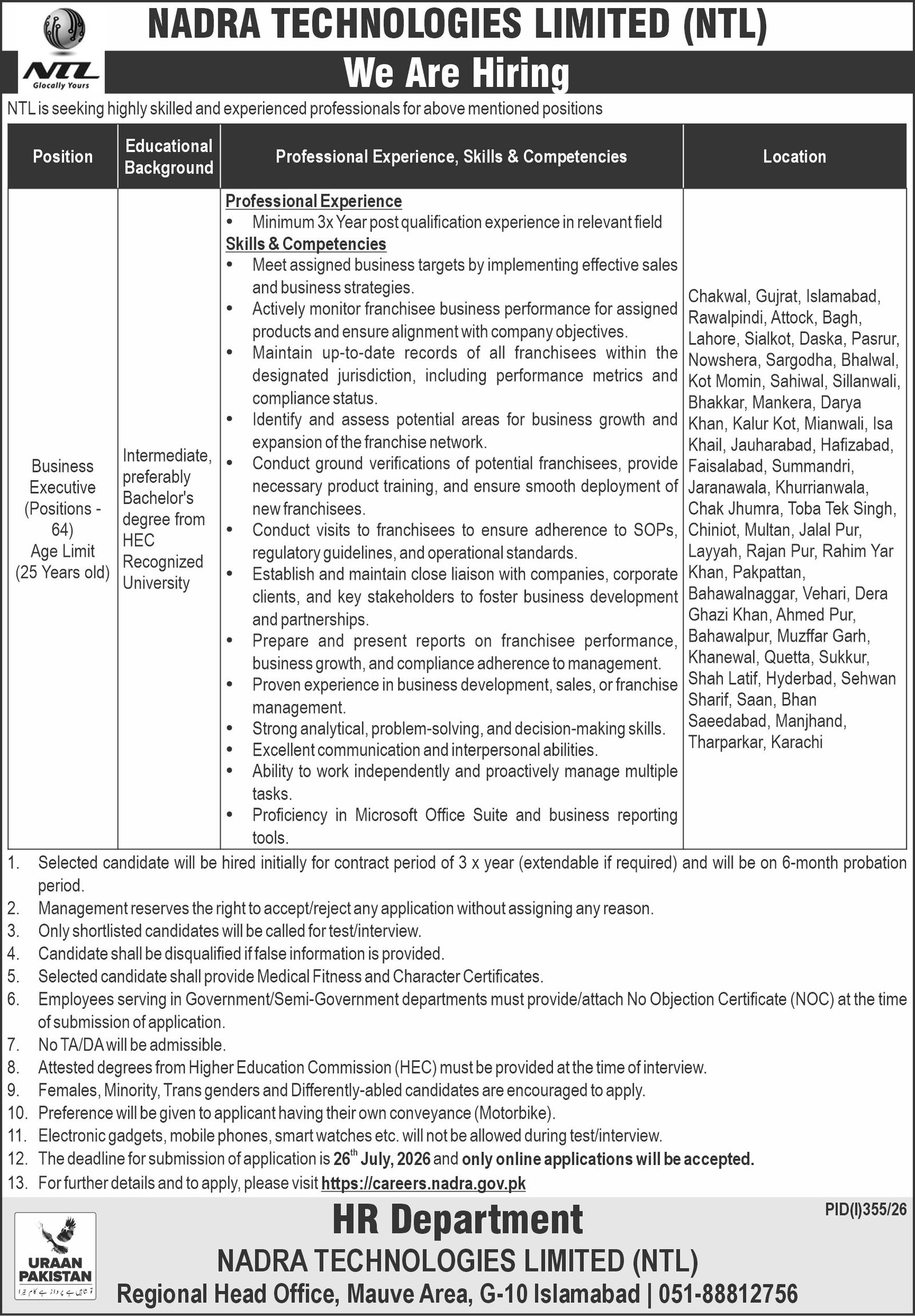 Nadra Technologies Limited NTL Jobs 2026 — original advertisement