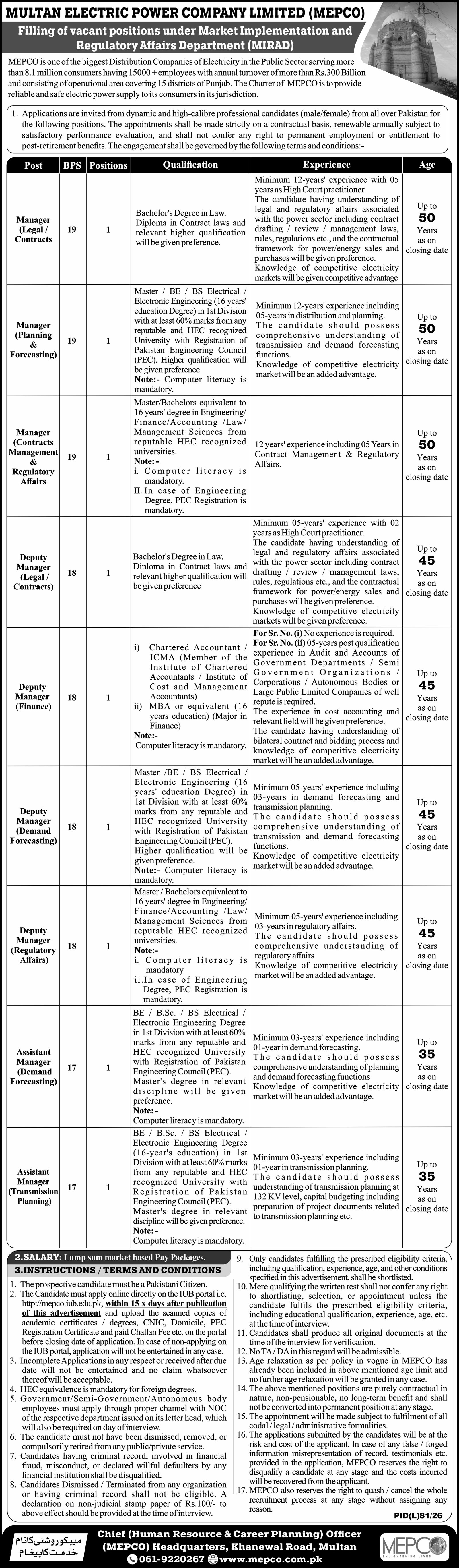 Multan Electric Power Company MEPCO Jobs 2026 — original advertisement