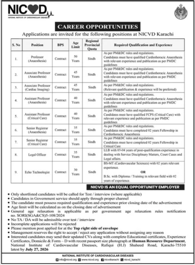 National Institute Of Cardiovascular Diseases Karachi Jobs — original advertisement