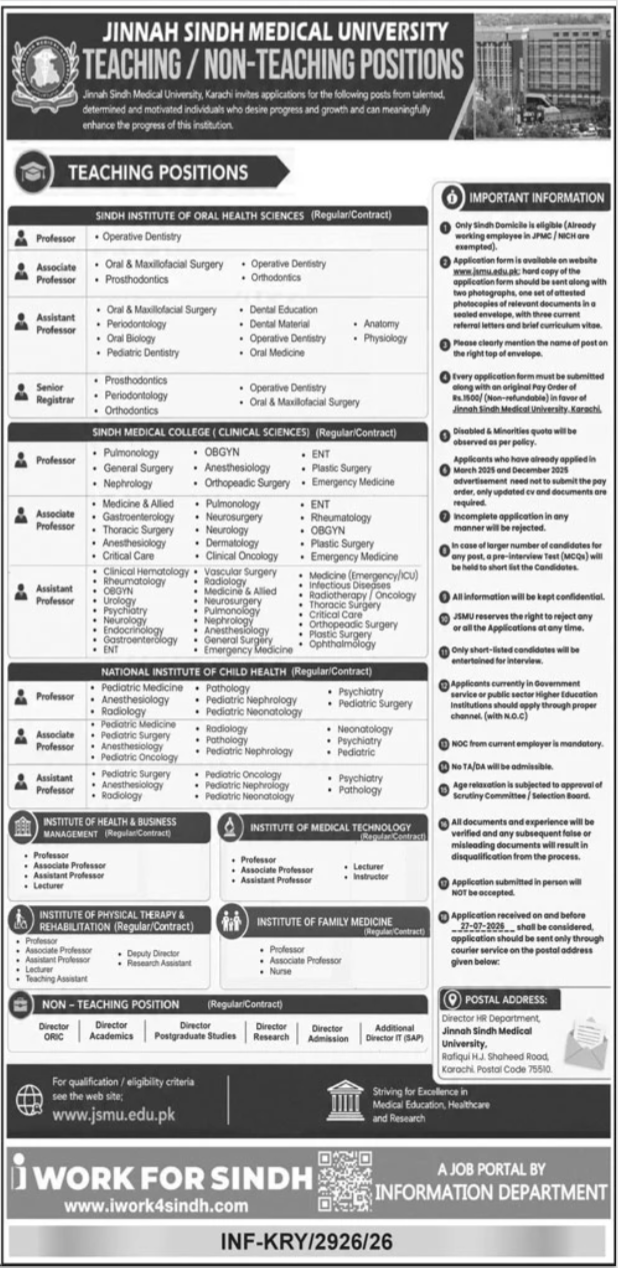 Jinnah Sindh Medical University Karachi Jobs 2026 — original advertisement