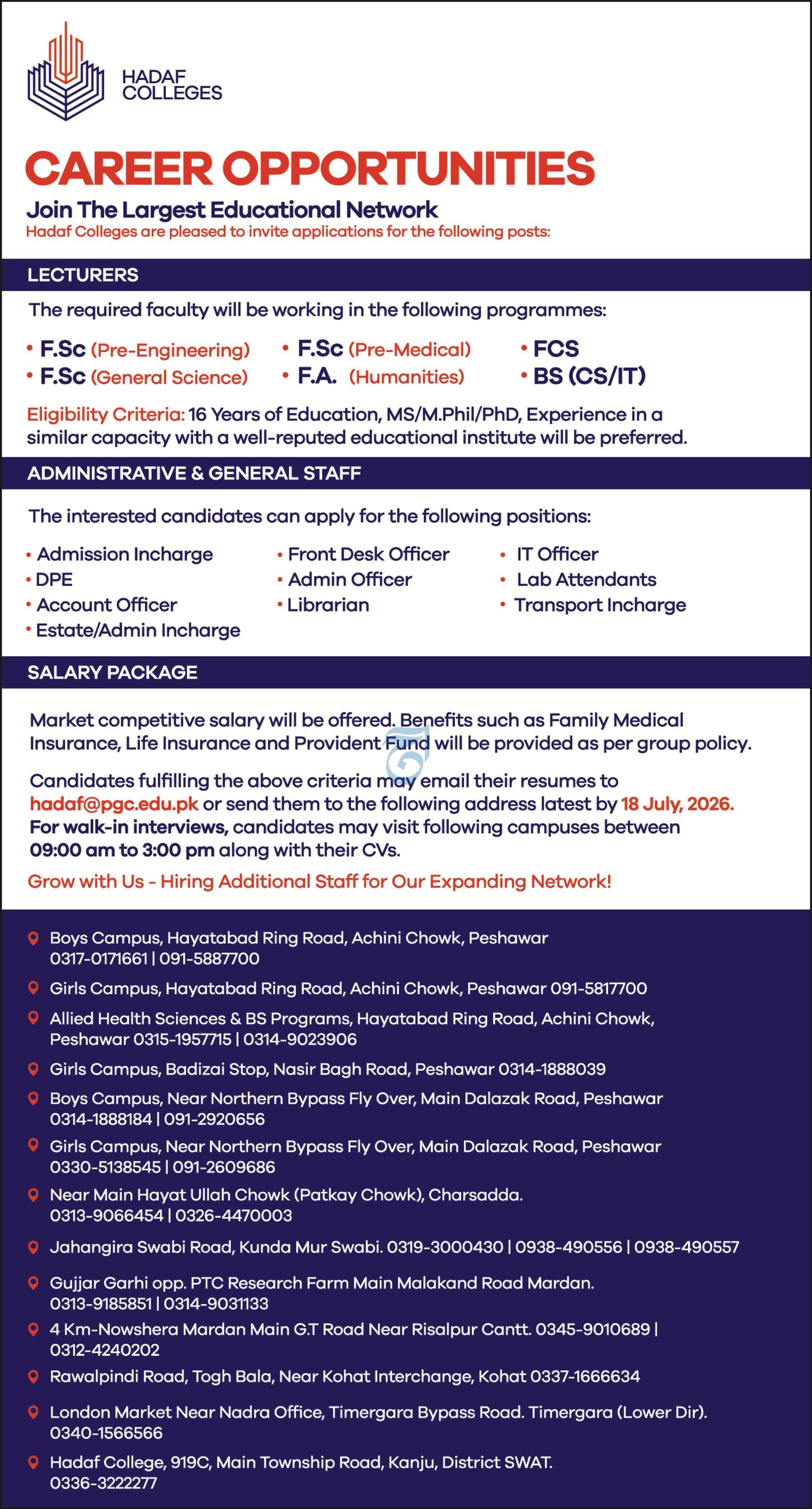 Hadaf College Peshawar Jobs 2026 — original advertisement