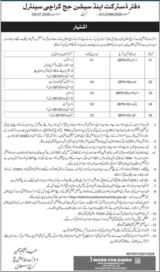 District & Session Judge Karachi Jobs 2026 — original advertisement