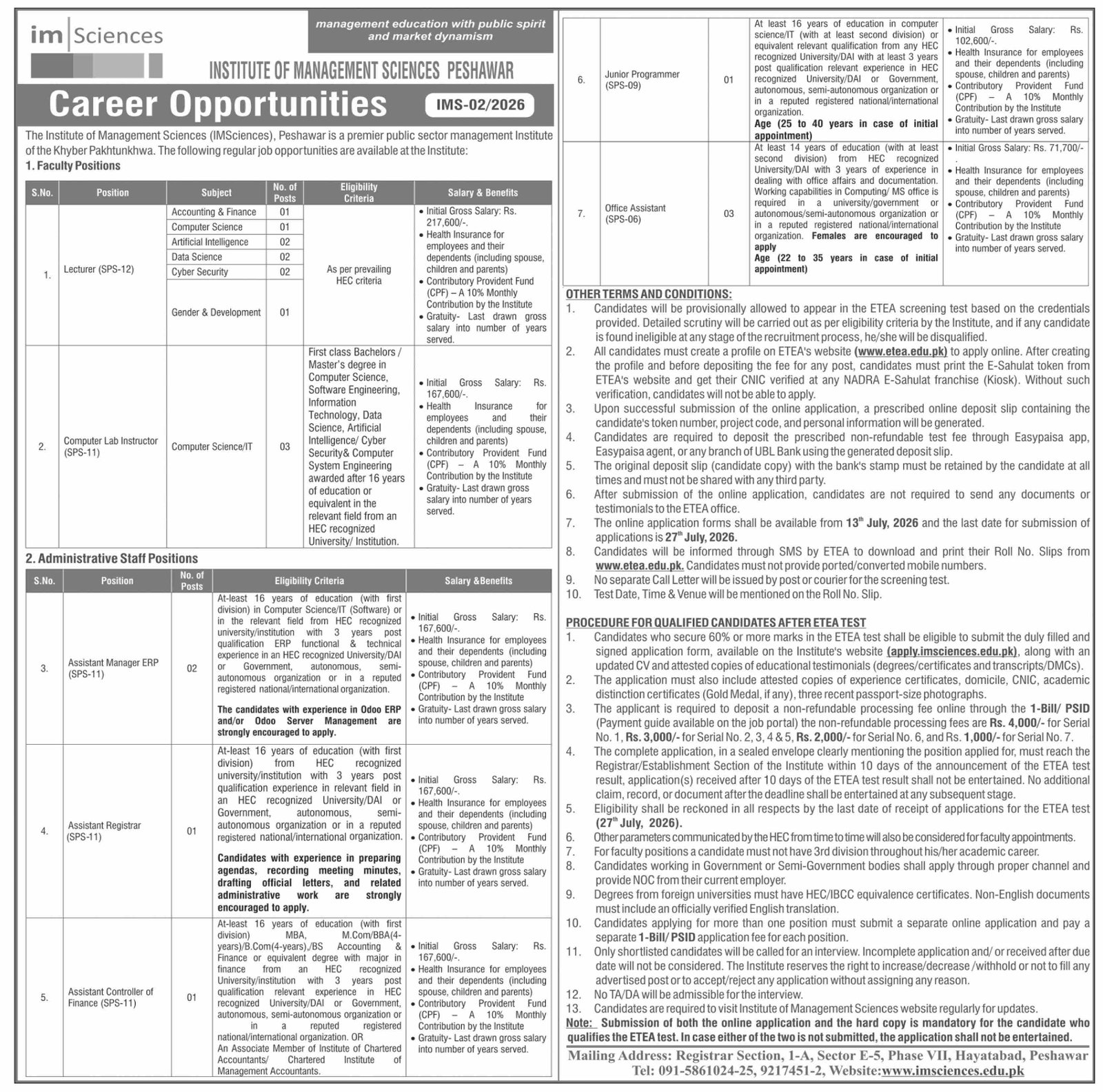 Institute Of Management Sciences Peshawar Jobs 2026 — original advertisement