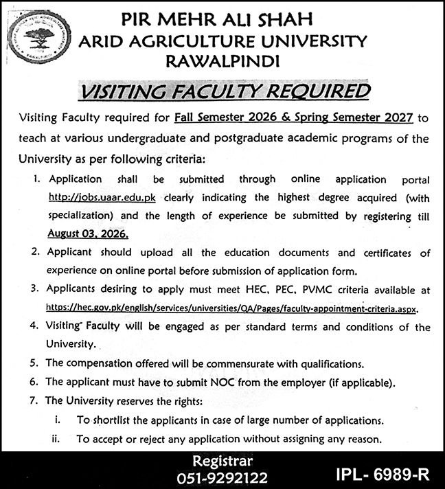 Pir Mehr Ali Shah Arid Agriculture University UAAR Jobs 2026 — original advertisement