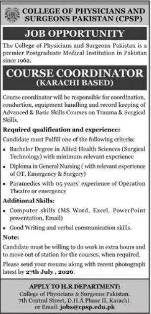 College Of Physicians And Surgeons Pakistan Karachi Job 2026 — original advertisement