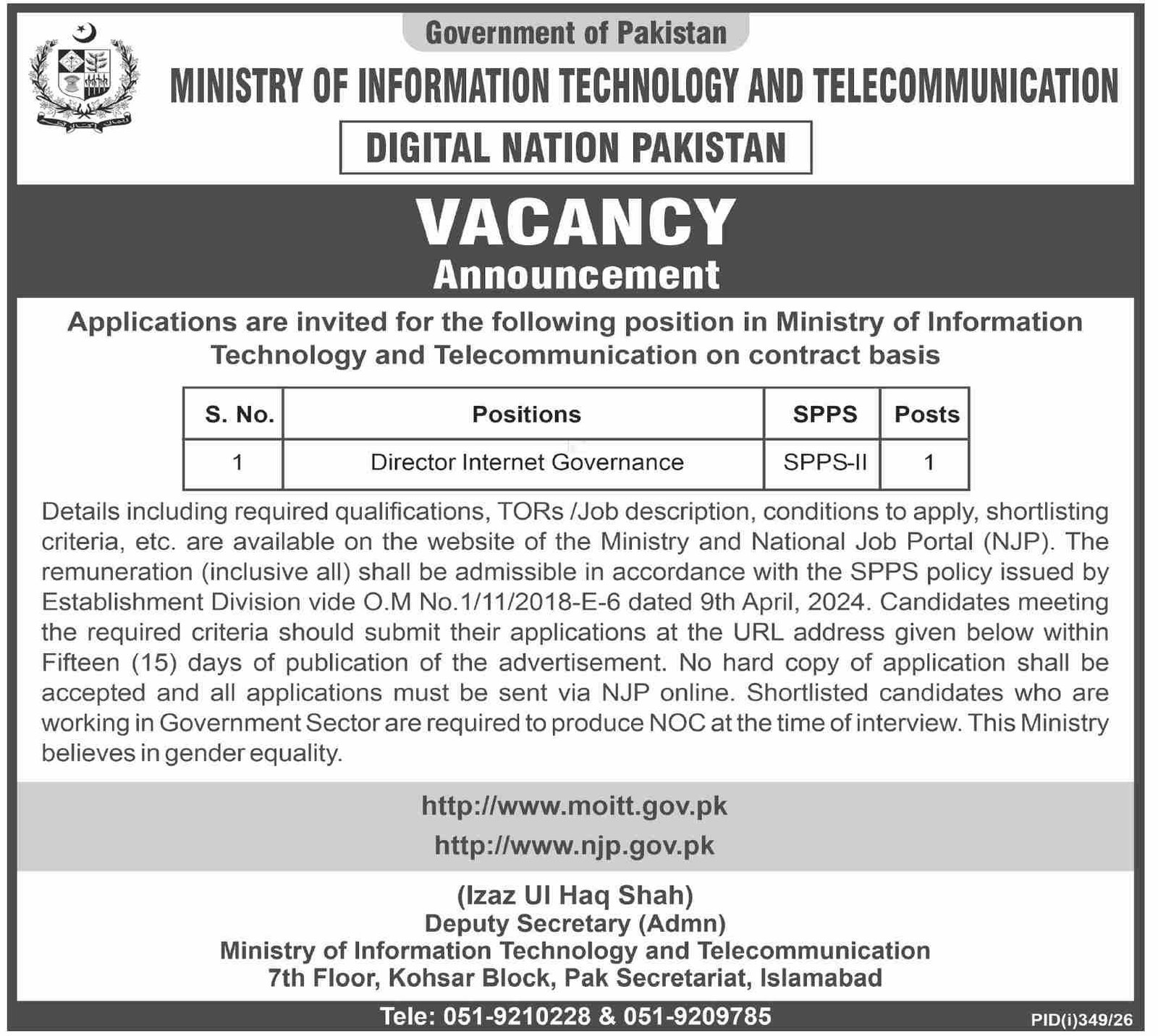 Ministry Of Information Technology Islamabad Jobs 2026 — original advertisement