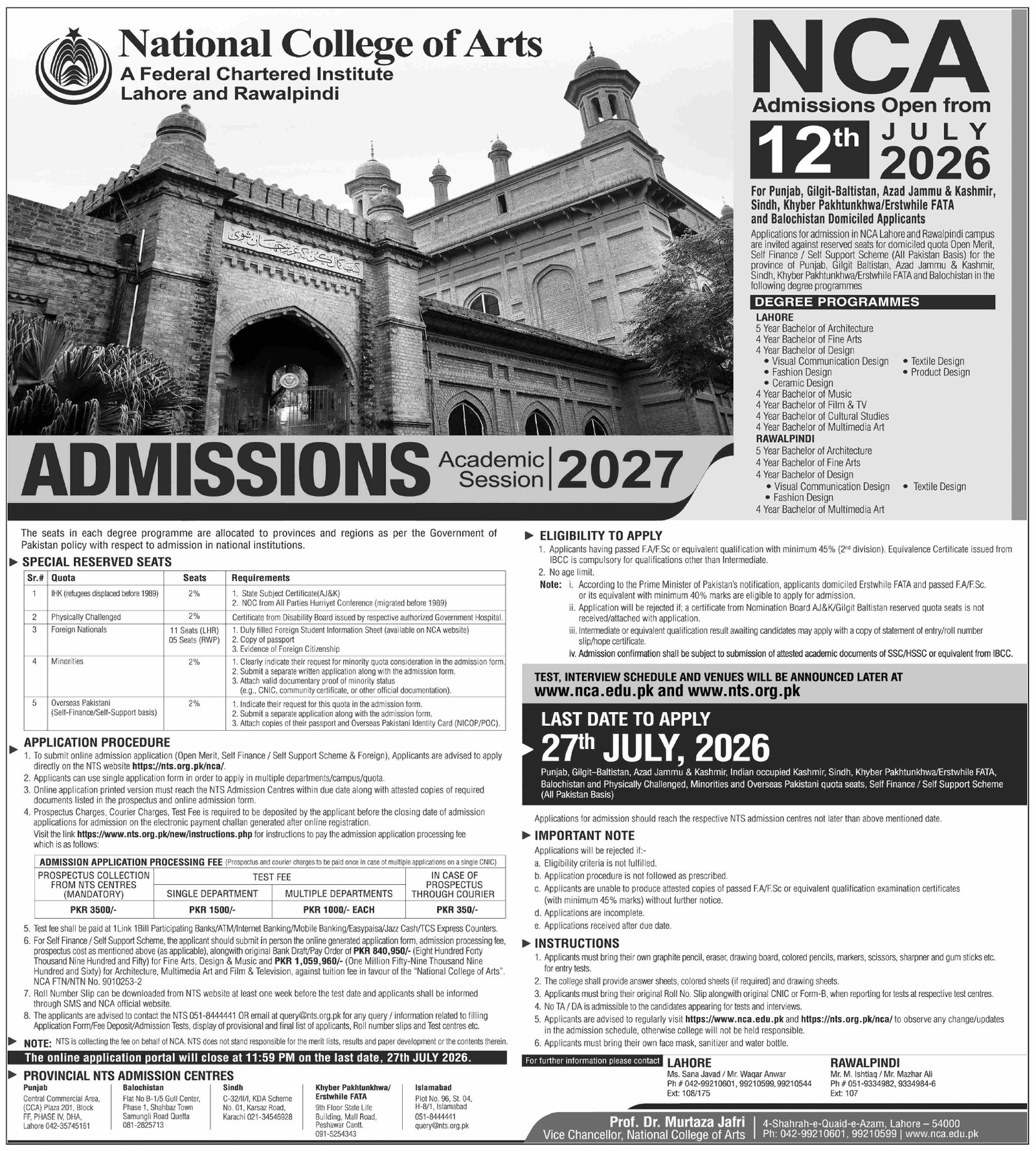 Admission Open in National College of Art Rawalpindi 2026 — original advertisement
