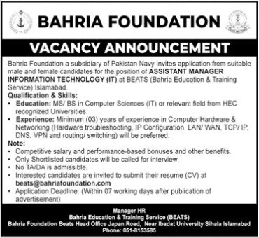 Bahria Foundation Islamabad Jobs 2026 — original advertisement