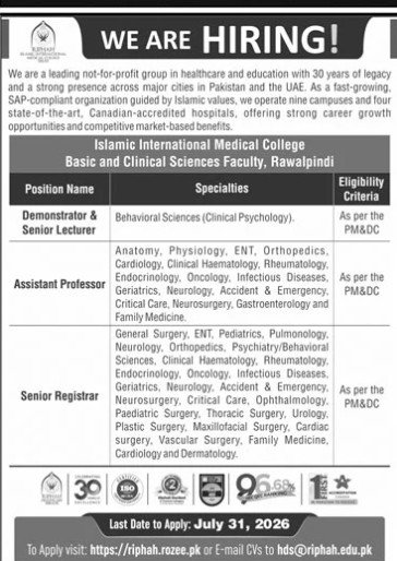 Islamic International Medical College Rawalpindi Jobs 2026 — original advertisement