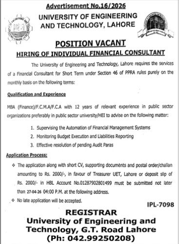 Univerity of Engineering And Technology Lahore Jobs 2026 — original advertisement