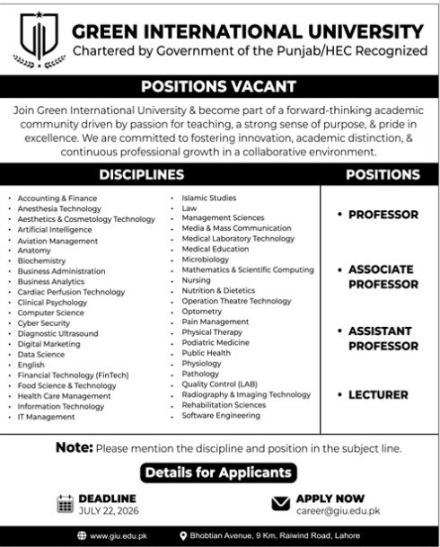 Green International University Lahore Jobs 2026 — original advertisement