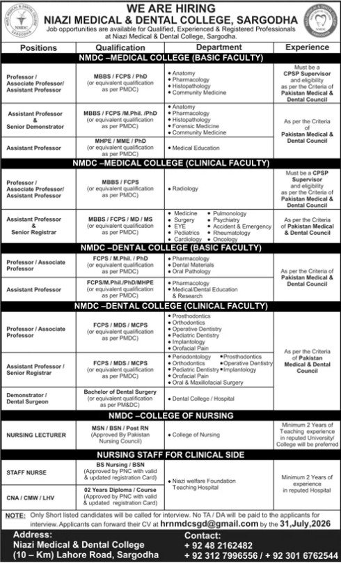 Niazi Medical And Dental College sargodha Jobs 2026 — original advertisement
