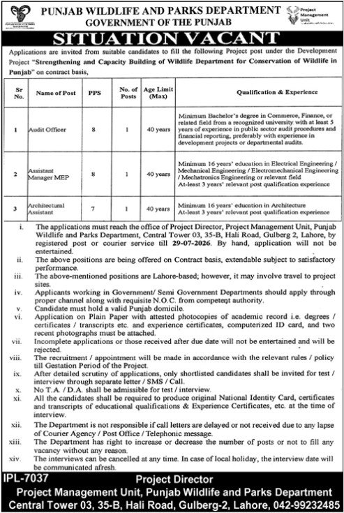 Punjab Wildlife And Parks Department Punjab Jobs 2026 — original advertisement