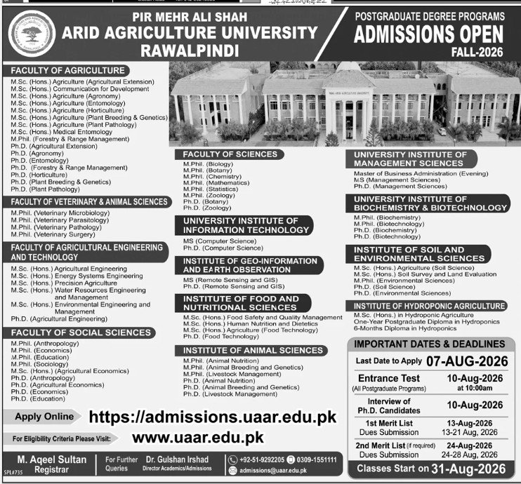Admission Open in Pir Mehar Ali Shah Arid Agriculture 2026 — original advertisement