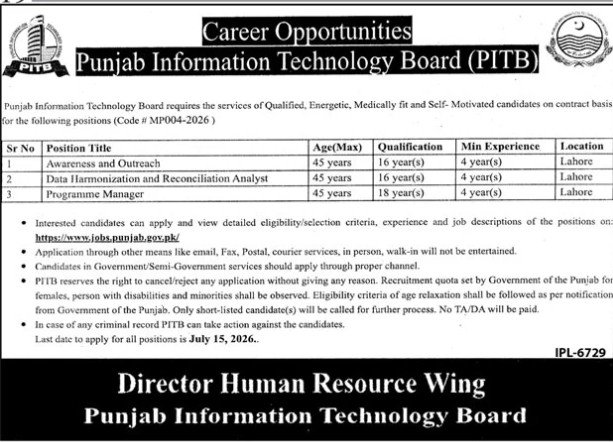 Punjab Information Technology Board Jobs 2026 — original advertisement