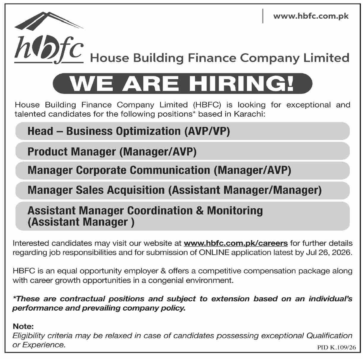 House Building Finance Company Limited HBFCL Jobs 2026 — original advertisement