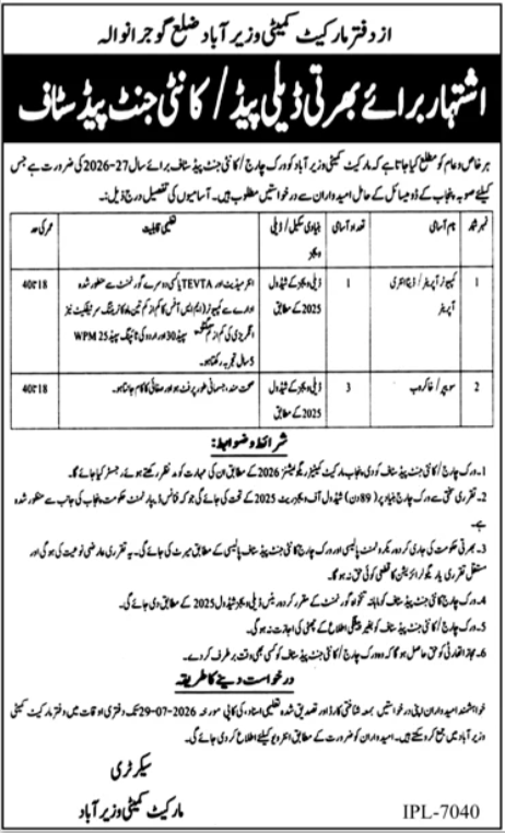 Market Committee Wazirabad Jobs 2026 — original advertisement
