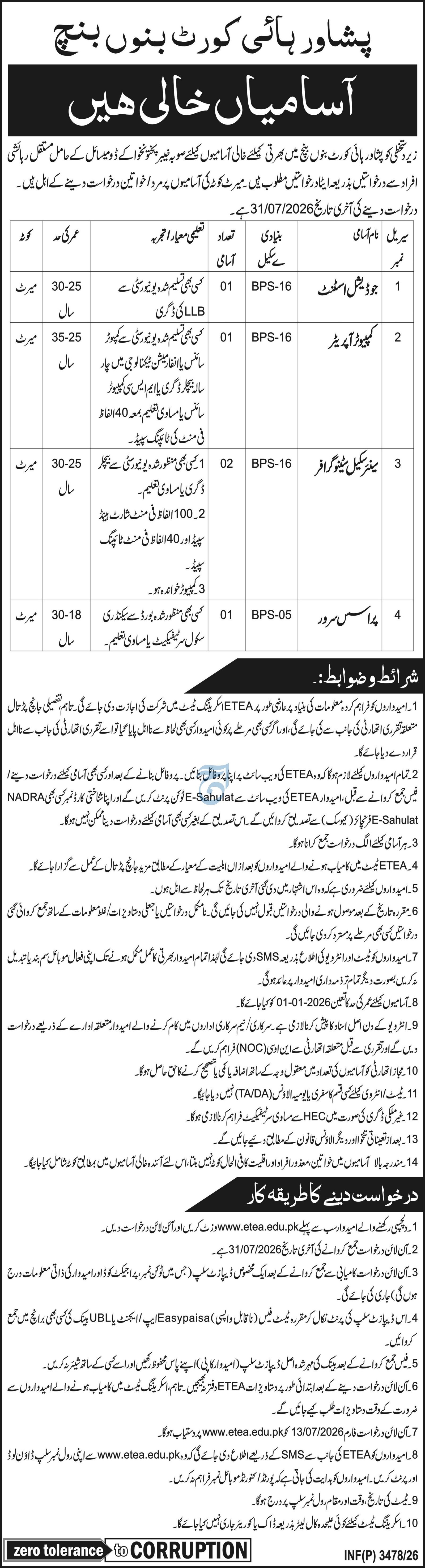 Peshawar High Court Bannu Jobs 2026 — original advertisement