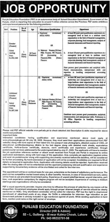 Punjab Education Foundation (PEF) Jobs 2026 — original advertisement