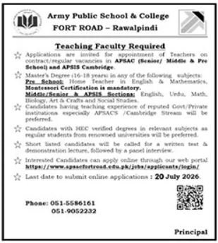 Army Public School & College APS&C Rawalpindi Job 2026 — original advertisement