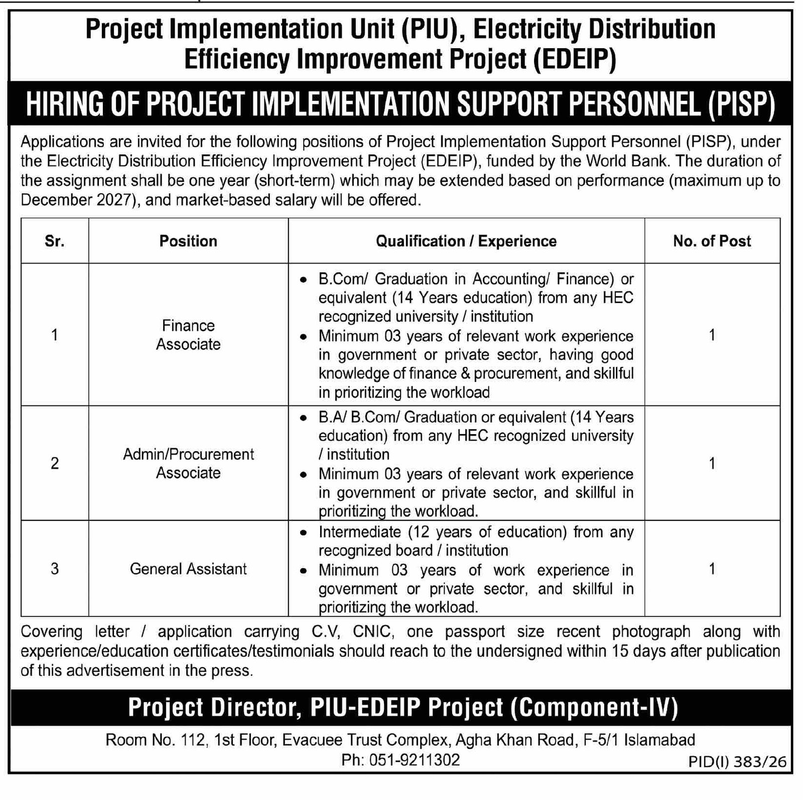 Project Implementation Unit PIU Islamabad Jobs 2026 — original advertisement