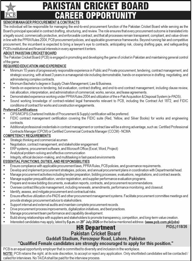 Pakistan Cricket Board PCB Lahore Job 2026 — original advertisement