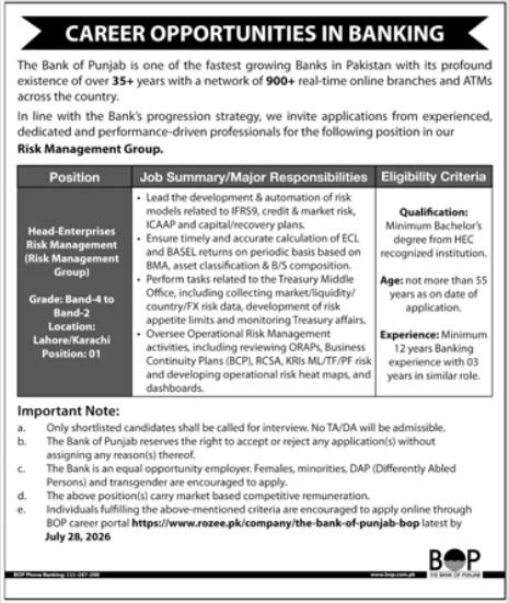 The Bank Of Punjab BOP Lahore Job 2026 — original advertisement