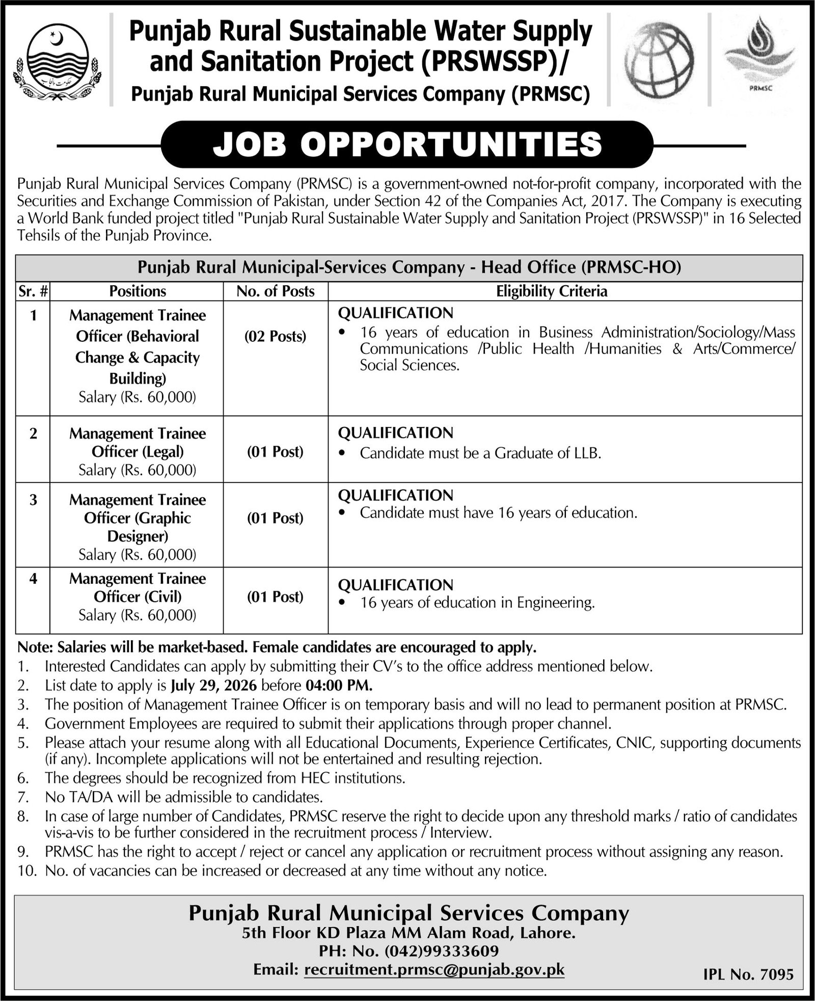 Punjab Rural Municipal Services Company Lahore Jobs 2026 — original advertisement