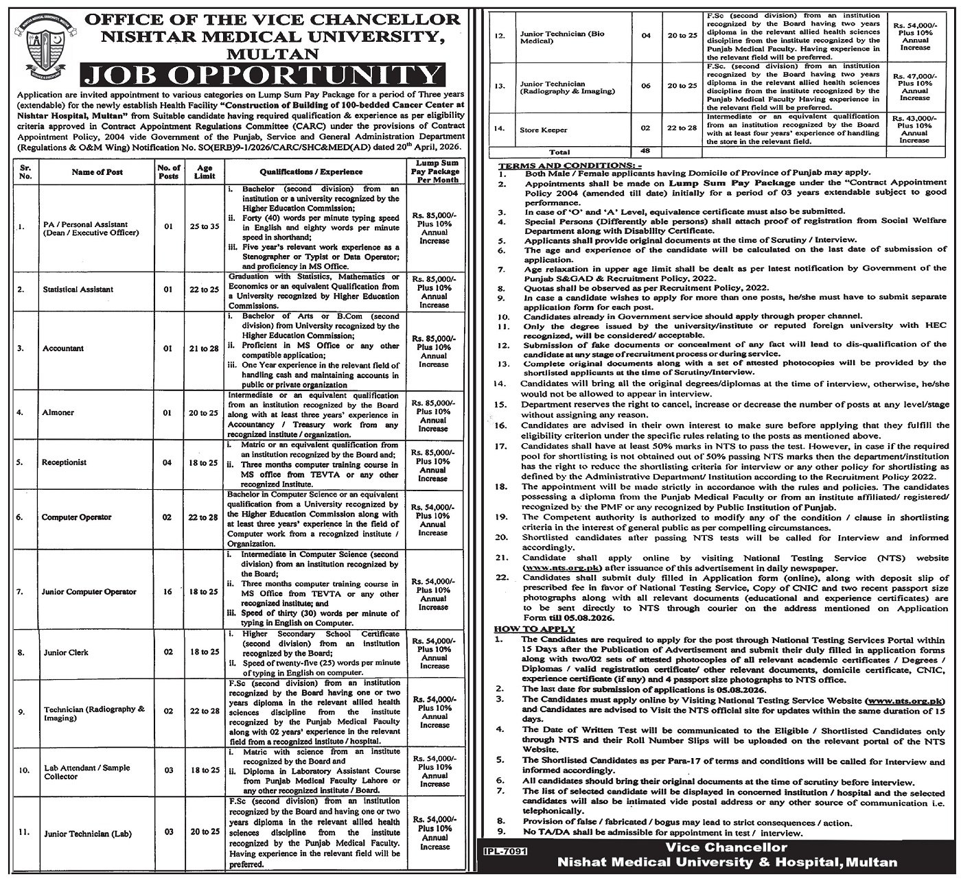 Nishtar Medical University NMU Multan Jobs 2026 — original advertisement