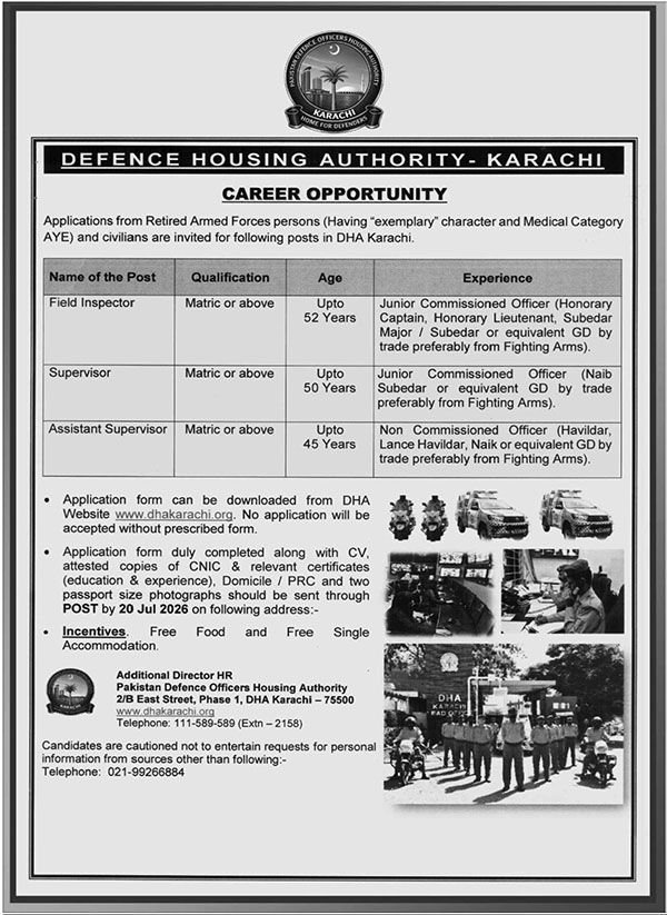 Defence Housing Authority DHA Karachi Jobs 2026 — original advertisement