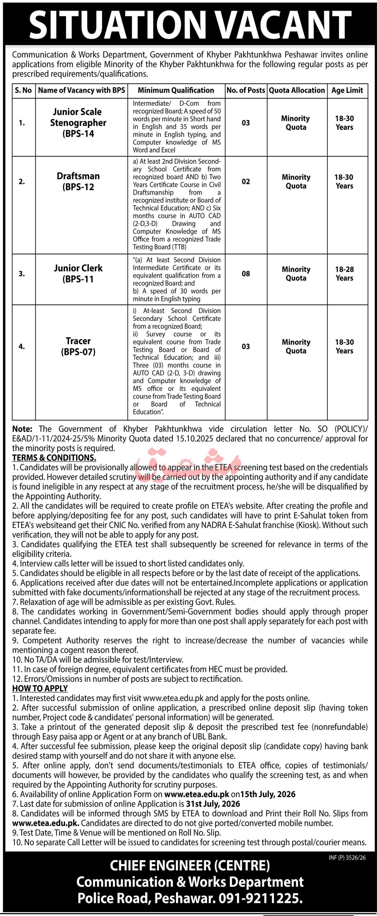 Communication & Works Department Peshawar Jobs 2026 — original advertisement