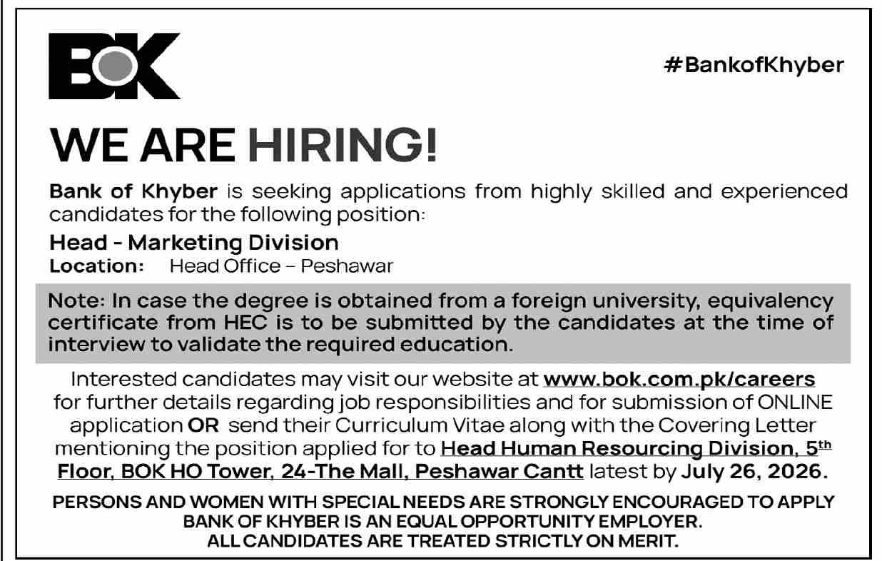 The Bank Of Khyber BOK Peshawar Job 2026 — original advertisement