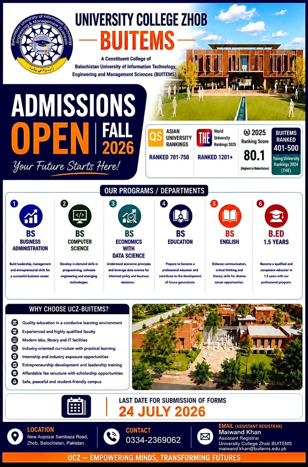 Admission announced in BUITEMS , Zhob Campus 2026 — original advertisement