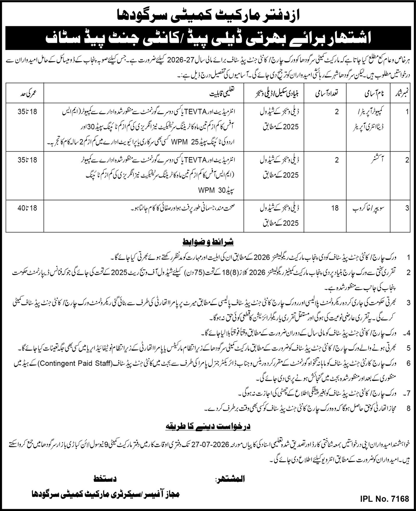 Market Committee Sargodha Jobs 2026 — original advertisement