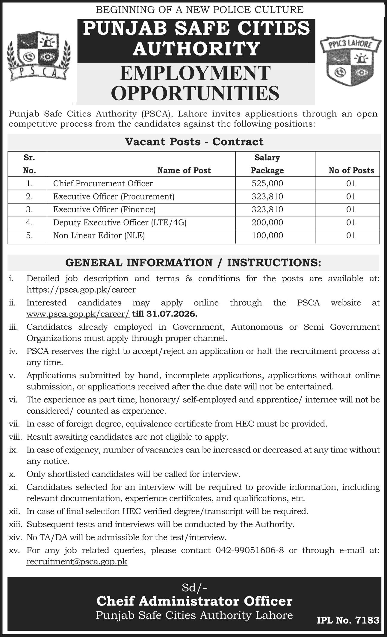 Punjab Safe Cities Authority PSCA Lahore Jobs 2026 — original advertisement