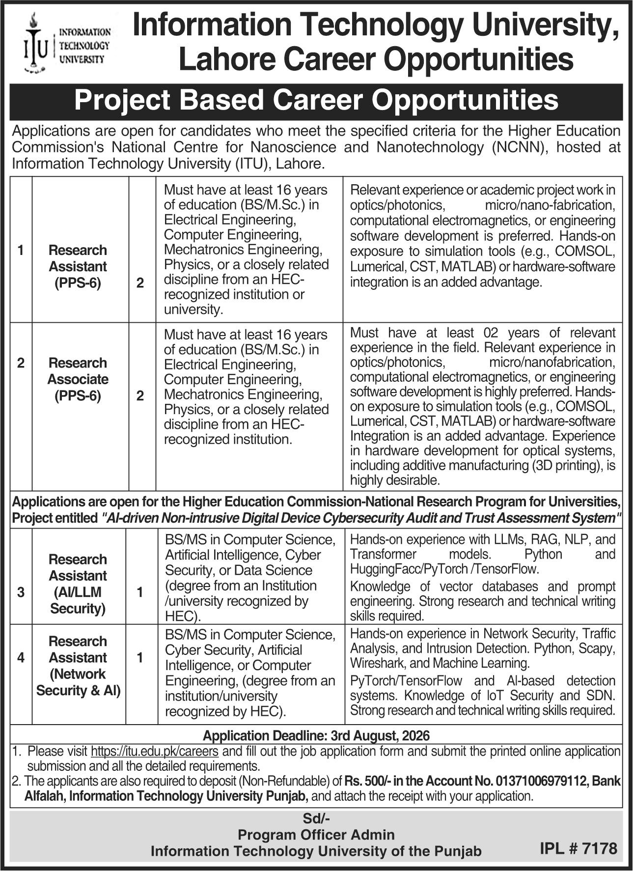 Information Technology University ITU Lahore Jobs 2026 — original advertisement