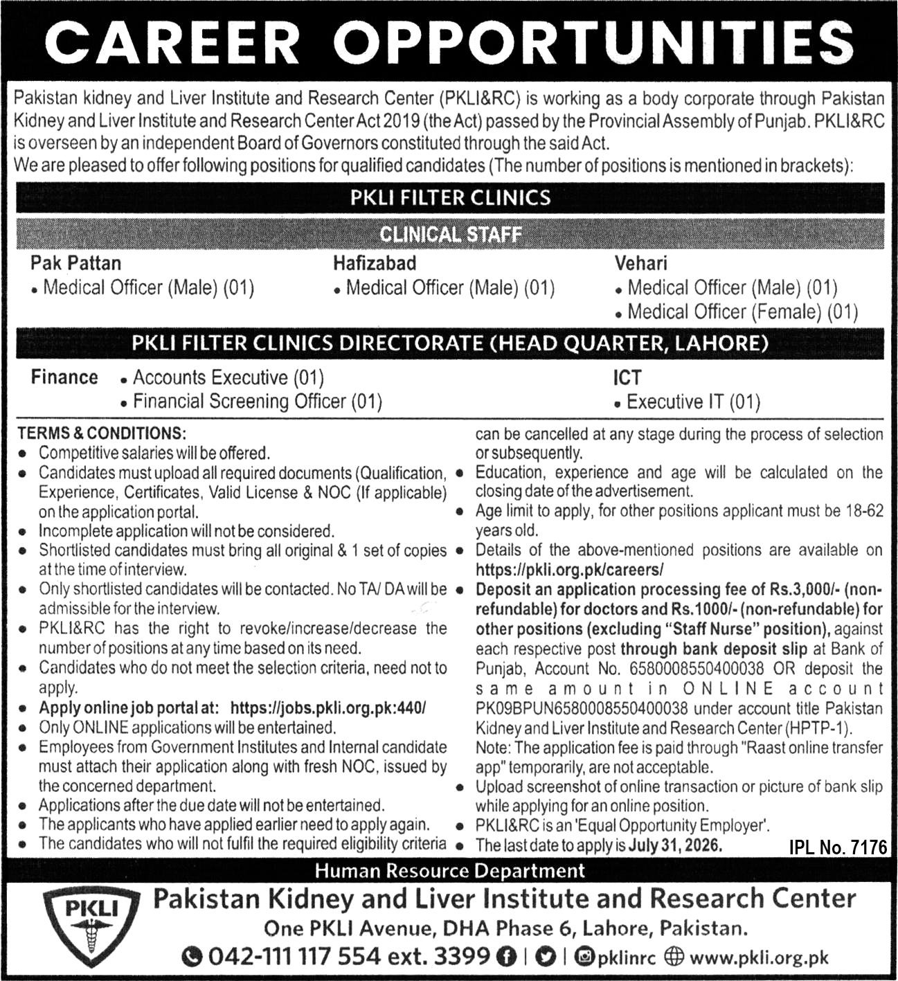 Pakistan Kidney & Liver Institute & Research Centre Jobs — original advertisement