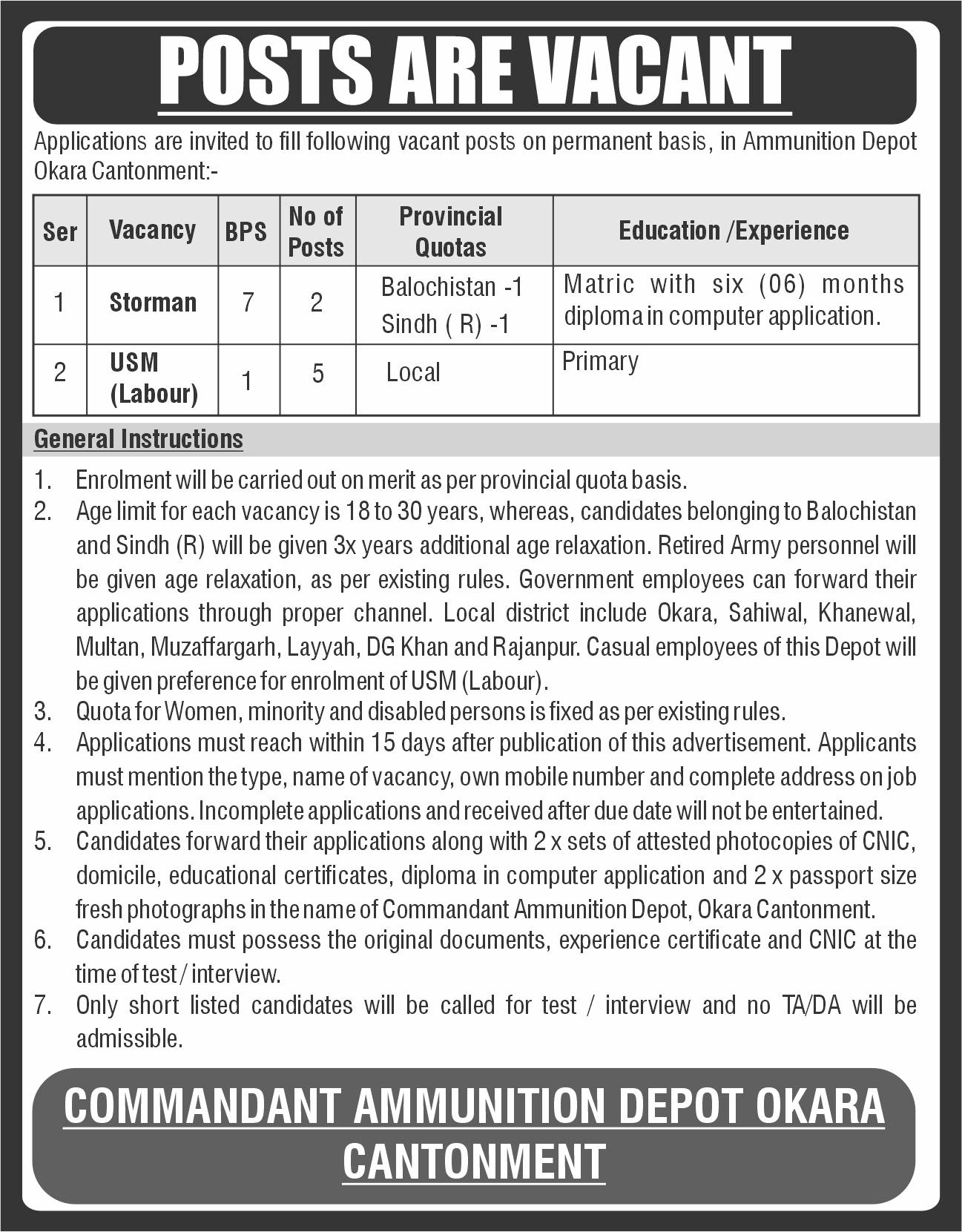 Ammunition Depot Okara Jobs 2026 — original advertisement